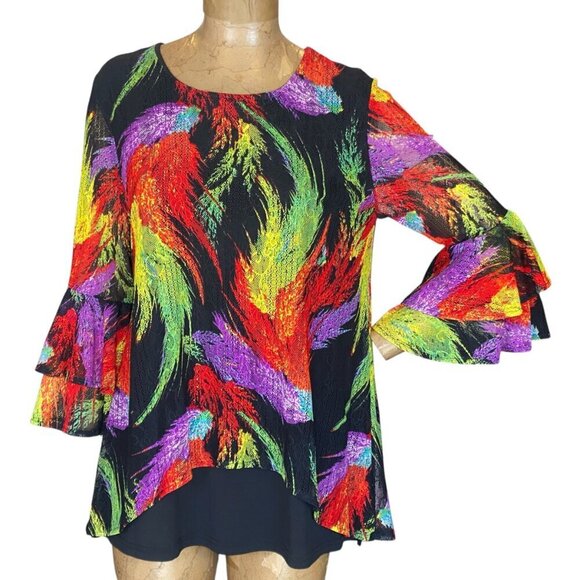 Calessa Colorful BOHO Layered Top Bell Ruffle Sleeve Sz L Feather Print #342D - Picture 2 of 8